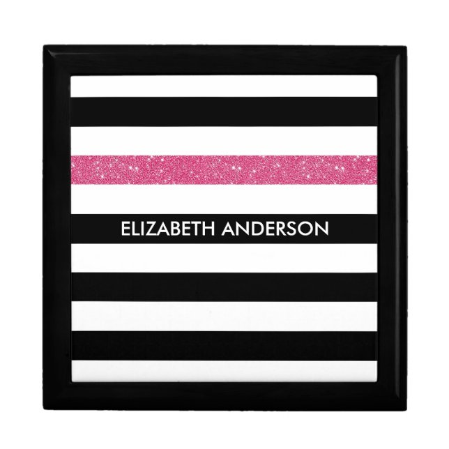 Modern Black Stripes FAUX Pink Glitz and Name Jewelry Box (Front)