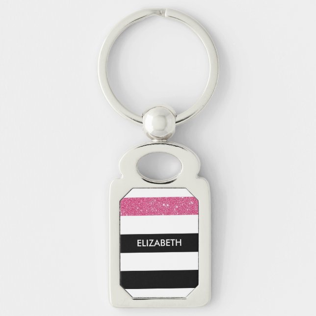 Modern Black Stripes FAUX Pink Glitz and Name Keychain (Front)