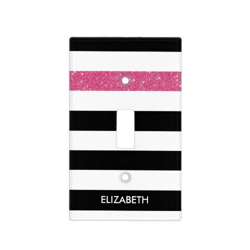 Modern Black Stripes FAUX Pink Glitz and Name Light Switch Cover