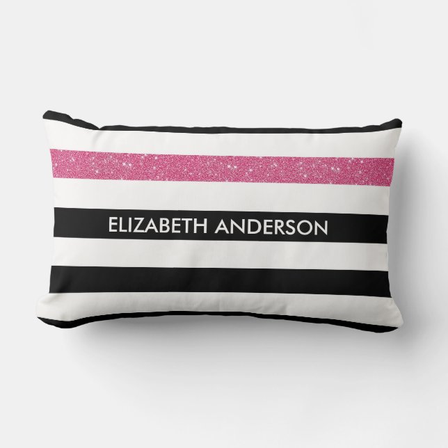 Modern Black Stripes FAUX Pink Glitz and Name Lumbar Pillow (Front)