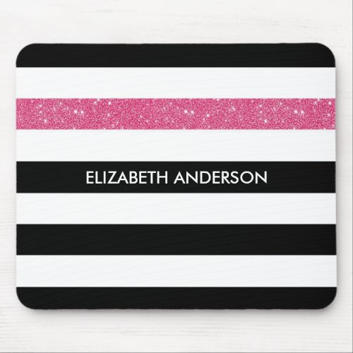 Modern Black Stripes FAUX Pink Glitz and Name Mouse Pad