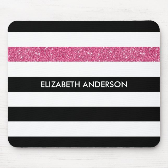 Modern Black Stripes FAUX Pink Glitz and Name Mouse Pad (Front)