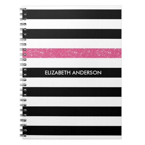 Modern Black Stripes FAUX Pink Glitz and Name Notebook