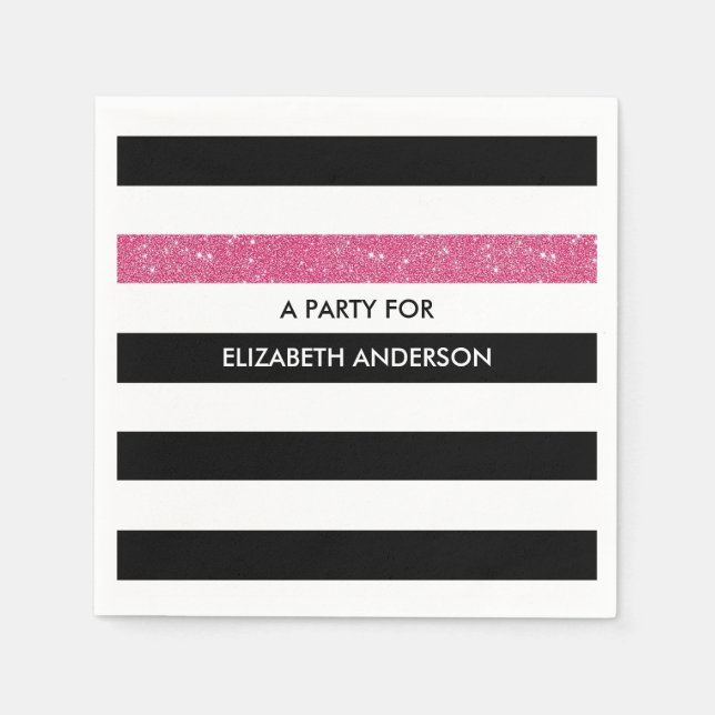 Modern Black Stripes FAUX Pink Glitz and Name Paper Napkins (Front)