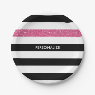 Modern Black Stripes FAUX Pink Glitz and Name Paper Plates
