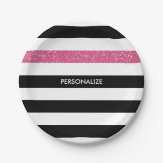 Modern Black Stripes FAUX Pink Glitz and Name Paper Plates