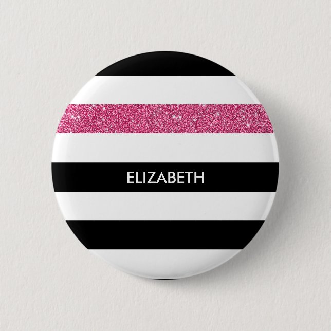 Modern Black Stripes FAUX Pink Glitz and Name Pinback Button (Front)