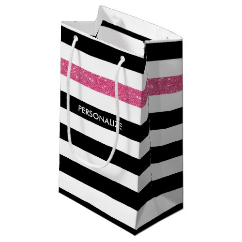 Modern Black Stripes FAUX Pink Glitz and Name Small Gift Bag