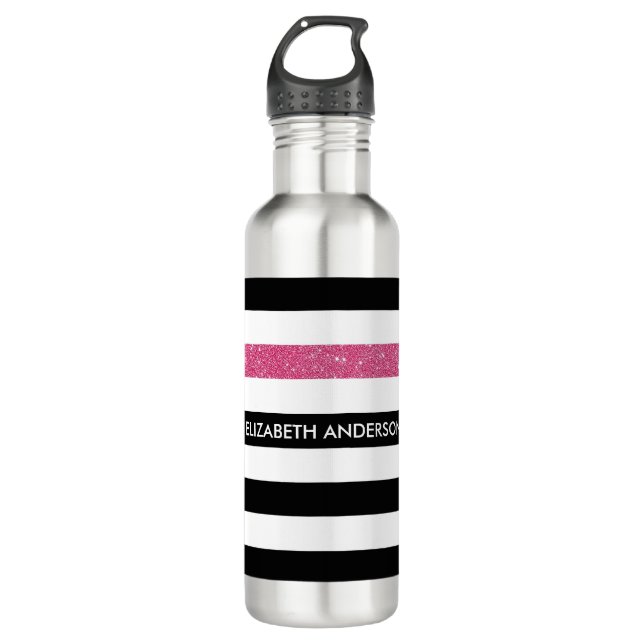 Modern Black Stripes FAUX Pink Glitz and Name Water Bottle (Front)
