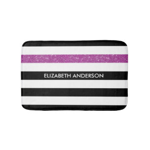 Modern Black Stripes FAUX Purple Glitz and Name Bathroom Mat
