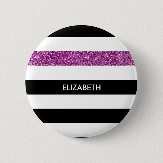 Modern Black Stripes FAUX Purple Glitz and Name Button (Front)