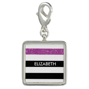Modern Black Stripes FAUX Purple Glitz and Name Charm