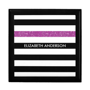 Modern Black Stripes FAUX Purple Glitz and Name Gift Box