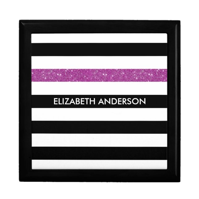Modern Black Stripes FAUX Purple Glitz and Name Gift Box (Front)