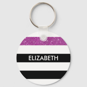 Modern Black Stripes FAUX Purple Glitz and Name Keychain