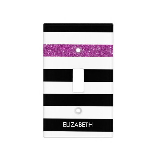 Modern Black Stripes FAUX Purple Glitz and Name Light Switch Cover