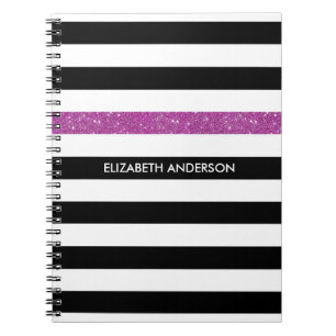 Modern Black Stripes FAUX Purple Glitz and Name Notebook
