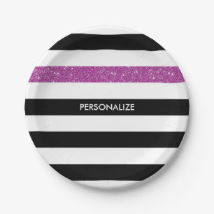 Modern Black Stripes FAUX Purple Glitz and Name Paper Plates