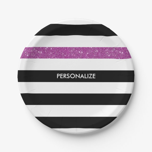 Modern Black Stripes FAUX Purple Glitz and Name Paper Plates (Front)