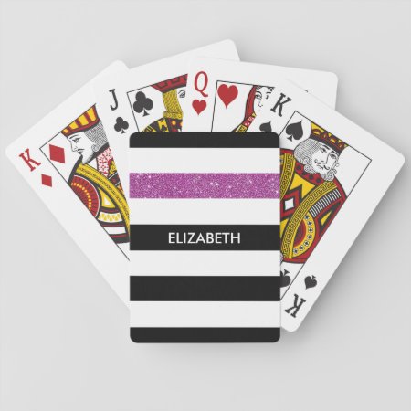 Modern Black Stripes Faux Purple Glitz And Name Playing Cards