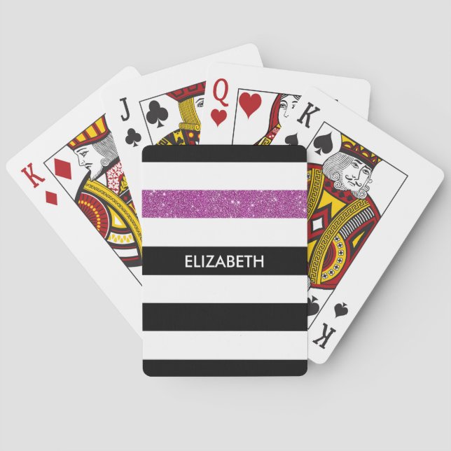Modern Black Stripes FAUX Purple Glitz and Name Poker Cards (Back)