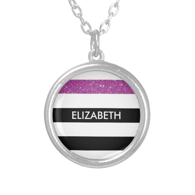 Modern Black Stripes FAUX Purple Glitz and Name Silver Plated Necklace (Front)