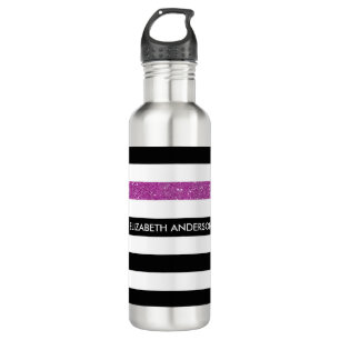 Modern Black Stripes FAUX Purple Glitz and Name Stainless Steel Water Bottle