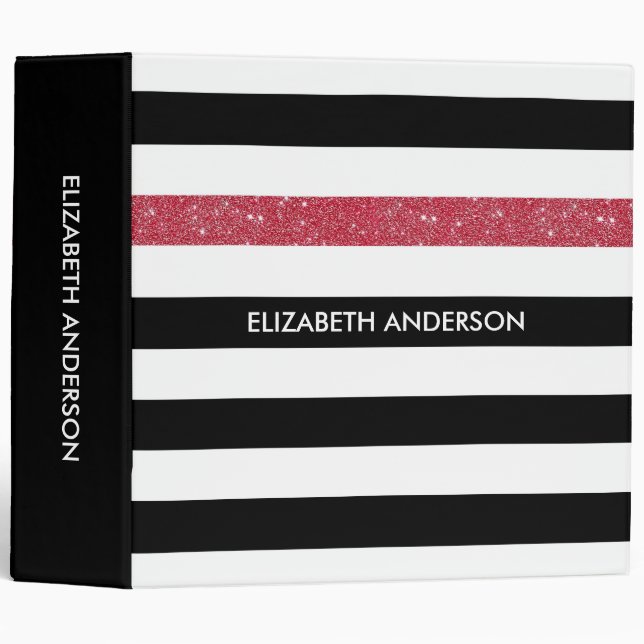 Modern Black Stripes FAUX Red Glitz and Name 3 Ring Binder (Front/Spine)