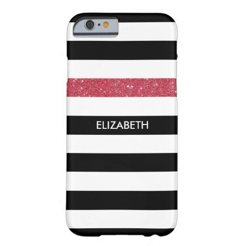 Modern Black Stripes FAUX Red Glitz and Name Barely There iPhone 6 Case