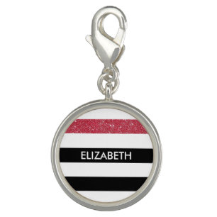 Modern Black Stripes FAUX Red Glitz and Name Charm