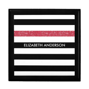 Modern Black Stripes FAUX Red Glitz and Name Gift Box