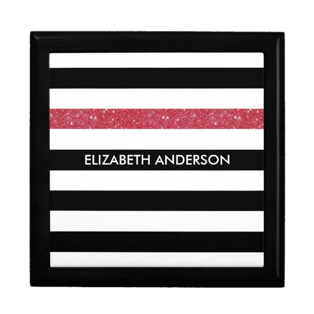 Modern Black Stripes FAUX Red Glitz and Name Gift Box (Front)
