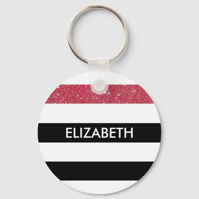Modern Black Stripes FAUX Red Glitz and Name Keychain (Front)