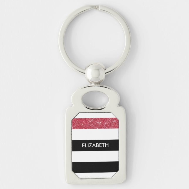 Modern Black Stripes FAUX Red Glitz and Name Keychain (Front)