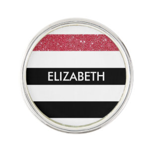 Modern Black Stripes FAUX Red Glitz and Name Lapel Pin