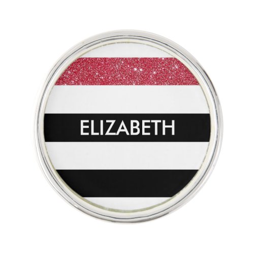 Modern Black Stripes FAUX Red Glitz and Name Lapel Pin