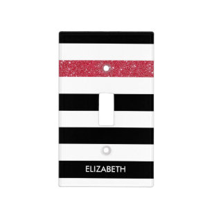 Modern Black Stripes FAUX Red Glitz and Name Light Switch Cover