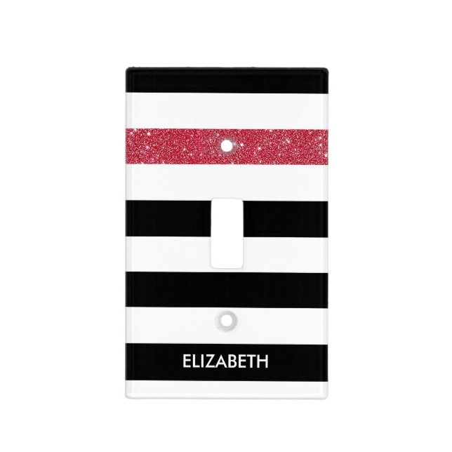 Modern Black Stripes FAUX Red Glitz and Name Light Switch Cover (Front)