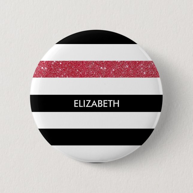 Modern Black Stripes FAUX Red Glitz and Name Pinback Button (Front)