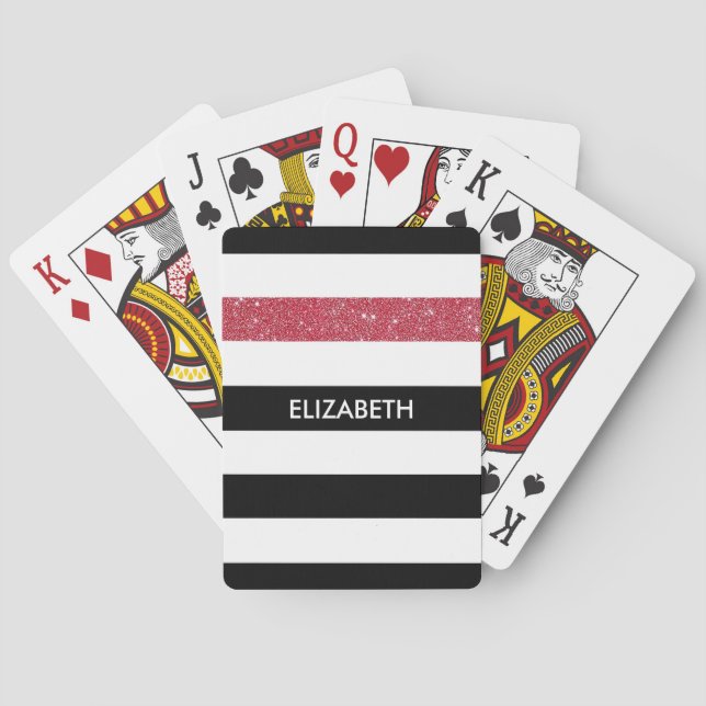 Modern Black Stripes FAUX Red Glitz and Name Poker Cards (Back)