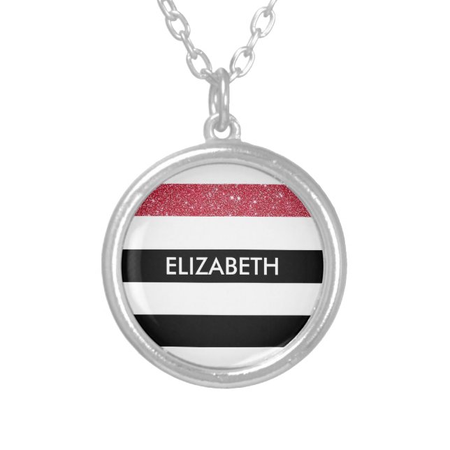 Modern Black Stripes FAUX Red Glitz and Name Silver Plated Necklace (Front)