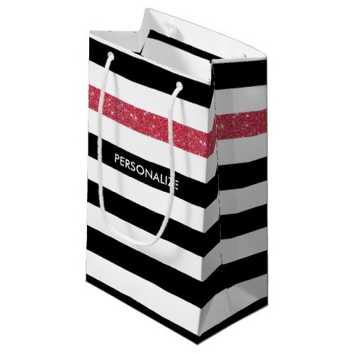 Modern Black Stripes FAUX Red Glitz and Name Small Gift Bag