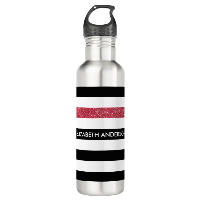 Modern Black Stripes FAUX Red Glitz and Name Water Bottle (Front)