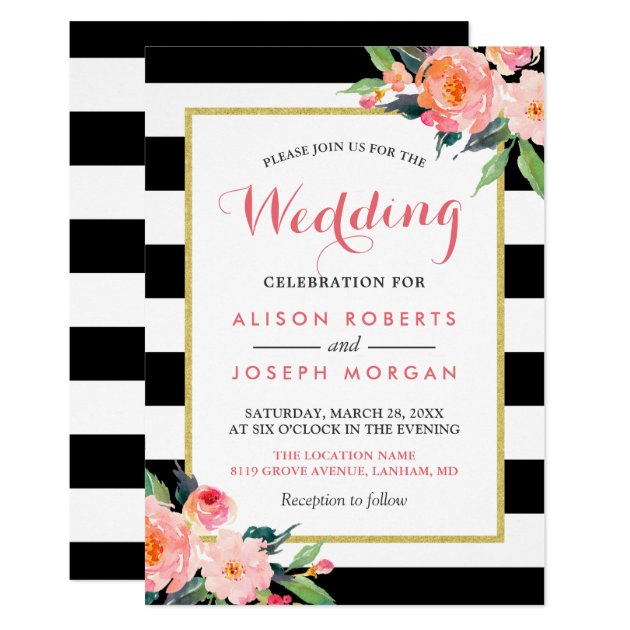 Modern Black Stripes Floral Wedding Celebration Invitation