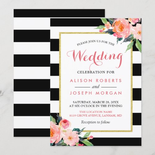 Modern Black Stripes Floral Wedding Celebration Card