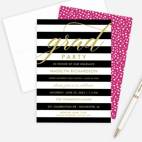 Modern Black Stripes Gold Custom Grad Party Invitation