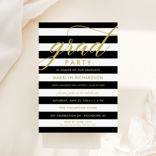 Modern Black Stripes Gold Custom Grad Party Invitation (Creator Uploaded)
