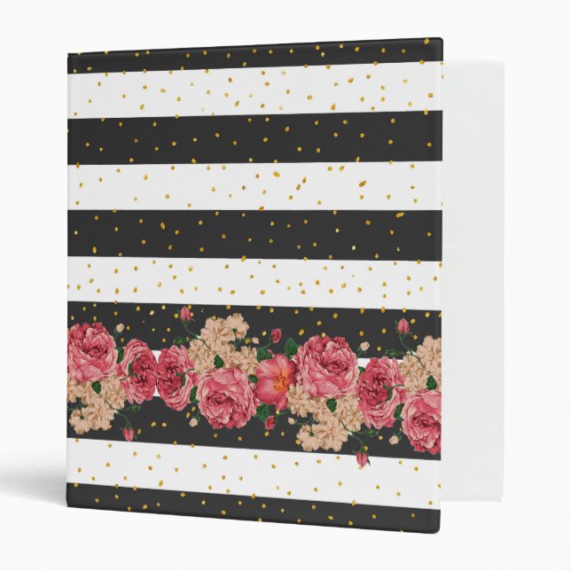Modern black stripes gold faux glitter floral binder (Front/Inside)