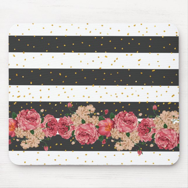 Modern black stripes gold faux glitter floral mouse pad (Front)