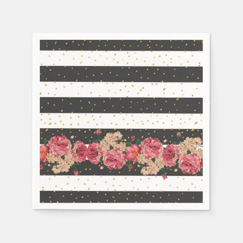 Modern black stripes gold faux glitter floral napkins